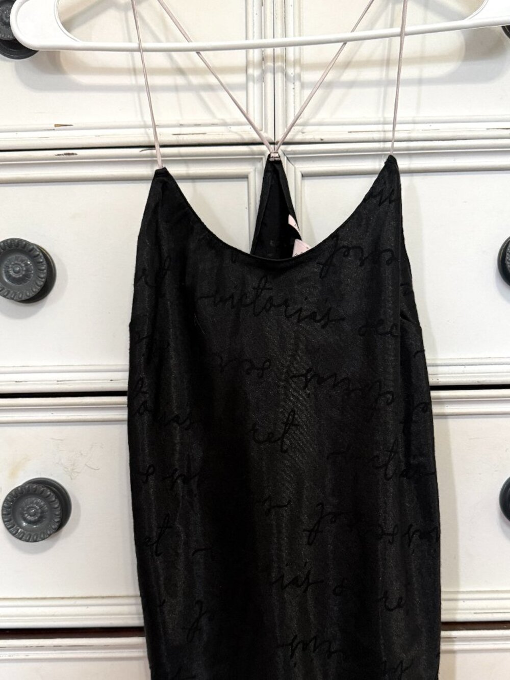 Victoria's Secret Black Satin Cami Tank Top Small Script Logo Racerback XS